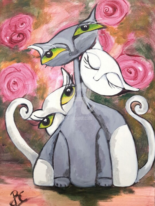 Three Cats - Art Deco - Modern 绘画, 27.6x19.7 in