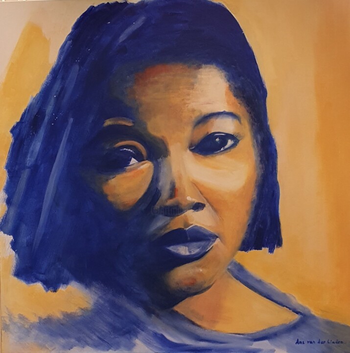 Painting titled "Portrait in yellow…" by Ans Van Der Linden, Original Artwork, Oil