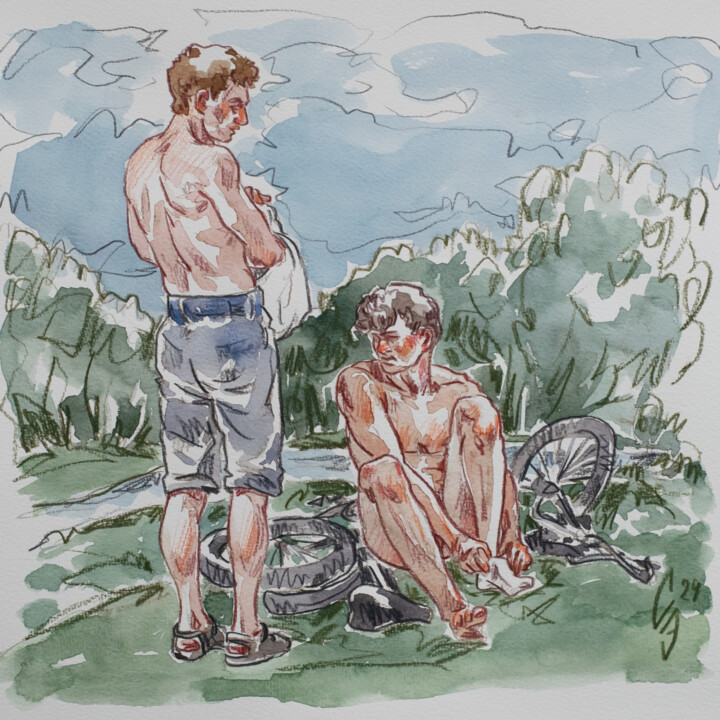Cycling by the river Resim, 9,8x9,8 in