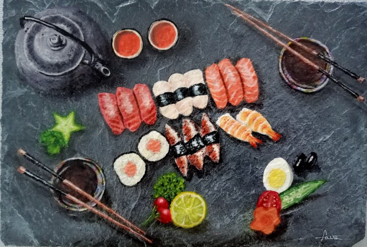 Dégustation de sushis 绘画, 8.7x12.6 in