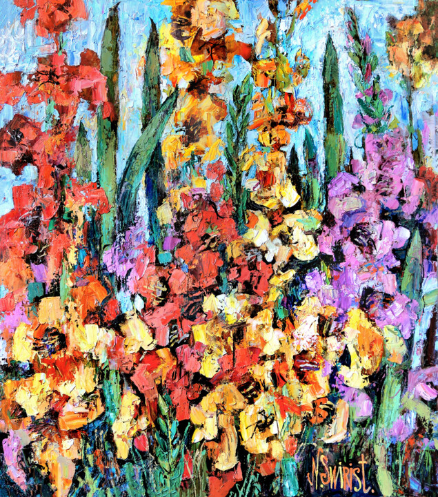Gladioli in the garden 绘画, 33.5x29.5 in