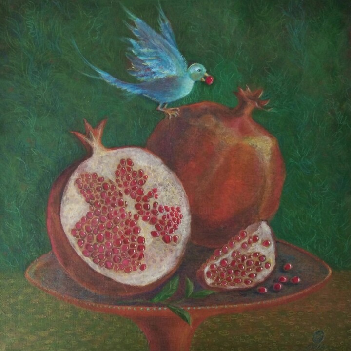 Pomegranate and a bird 绘画, 15.8x15.8 in