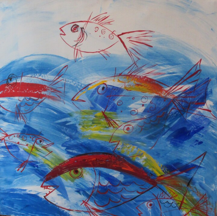 Schilderij getiteld "rote Fische" door Sonja Zeltner-Müller, Origineel Kunstwerk, Acryl