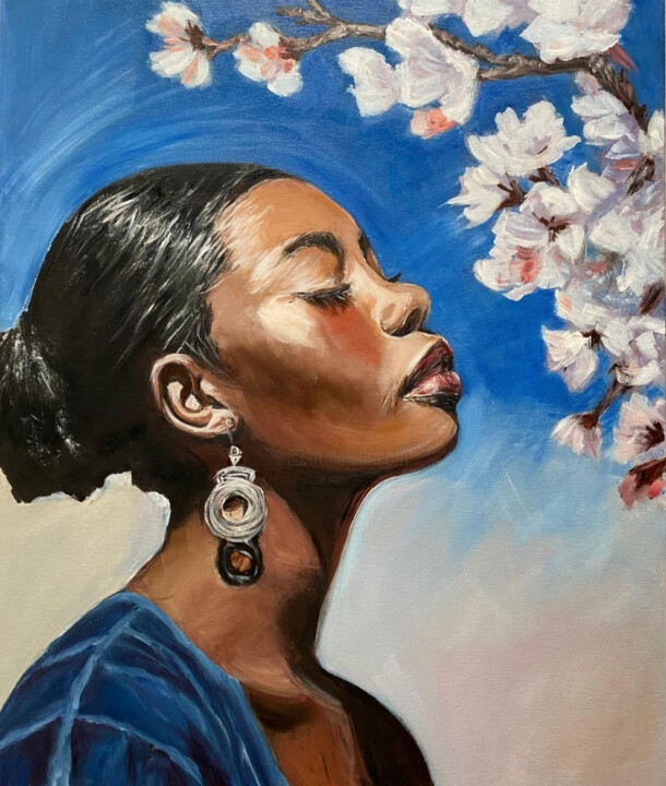 Peinture intitulée "Woman & Cherry Blos…" par Elena Elkina, Œuvre d'art originale, Huile Monté sur Châssis en bois