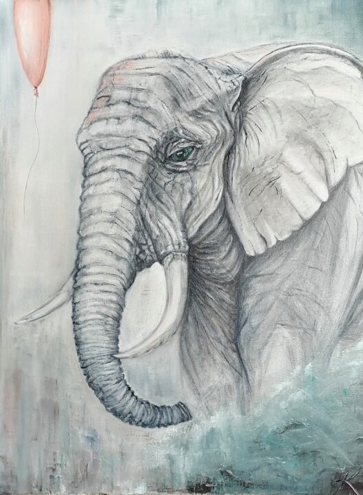 Portrait of an elephant Emerald elephant wisdom 绘画, 31.5x23.6 in