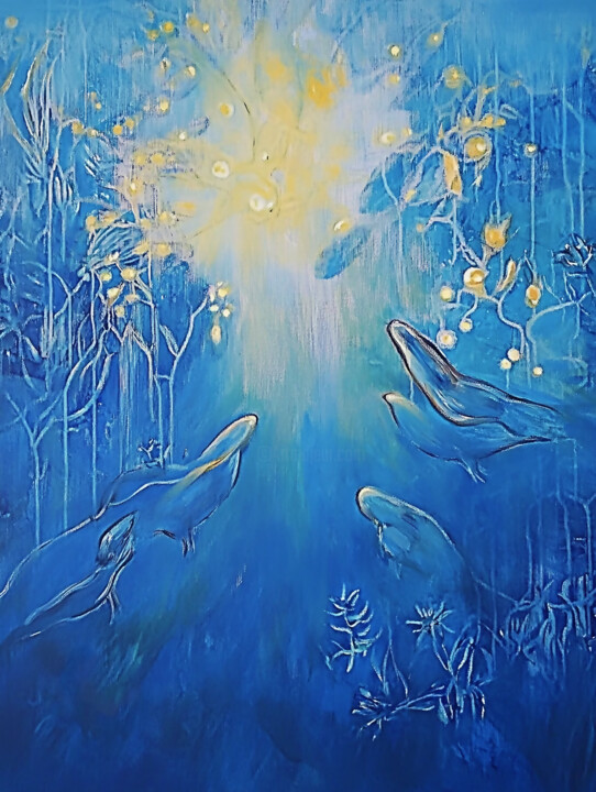 Rising from the Depths: Abstract Fishes Toward the Light 绘画, 34.3x25.6 in