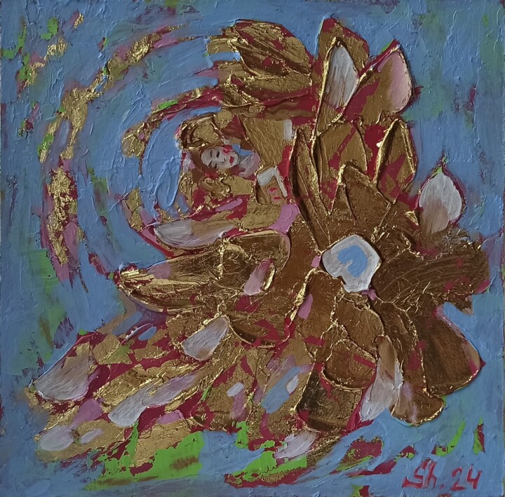 Gold Angel Painting, Аngel Art, Spiritual Warfare Original Tablo, 9,8x9,8 in