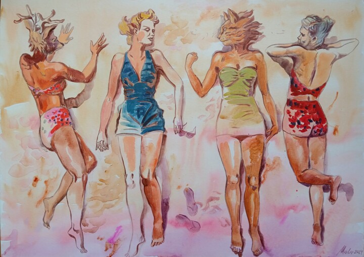 Four girls laying on the beach in vintage clothing, surreali 绘画, 19.7x27.6 in