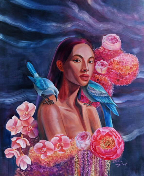 Beautiful girl with blue birds on her shoulders among flower 绘画, 34.3x28.7 in