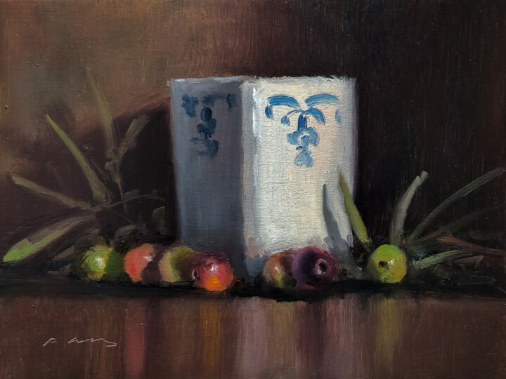 Painting titled "Olives and Vase" by Pascal Giroud, Original Artwork, Oil Mounted on Wood Panel