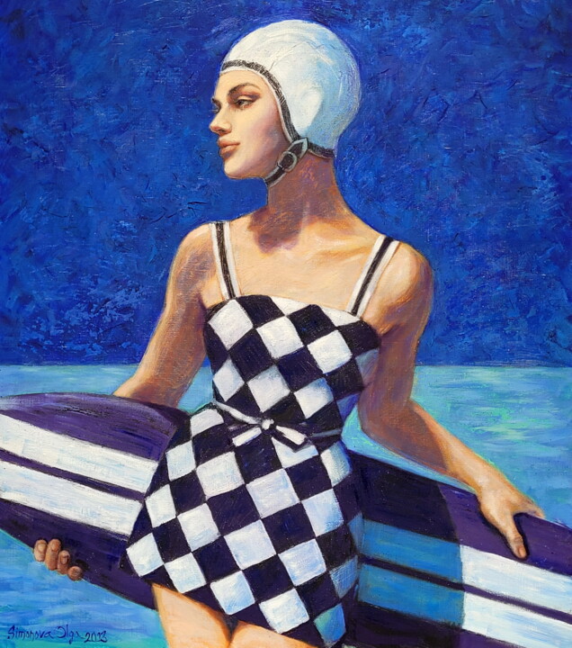 Painting titled "Retro Surfer Girl" by Simanolya, Original Artwork, Oil Mounted on Wood Stretcher frame
