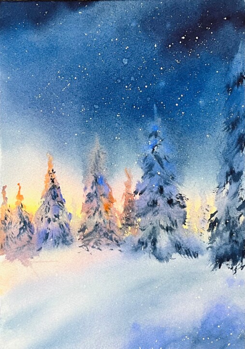 Painting titled "Snowy Night Waterco…" by Yana Ivannikova, Original Artwork, Watercolor