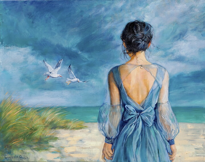 Woman on a sandy beach by the sea. Large oil painting 绘画, 31.5x39.4 in