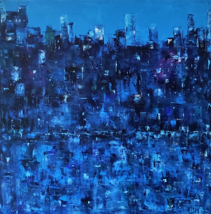 Painting titled "C'est beau une vill…" by Marc Ivart, Original Artwork, Oil Mounted on Wood Stretcher frame
