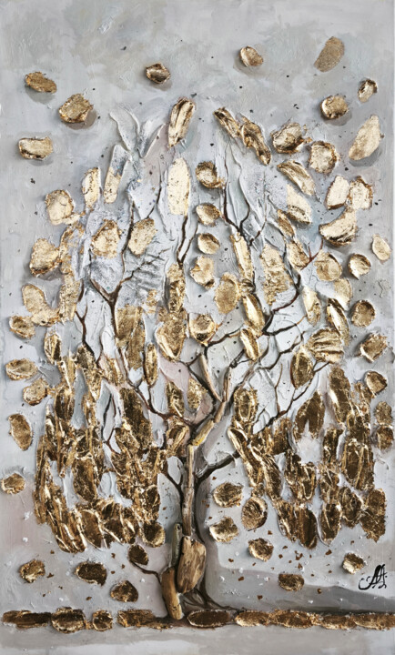 Golden Tree Art Gold Leaf Art Modern Tree Painting 绘画, 31.5x15.8 in
