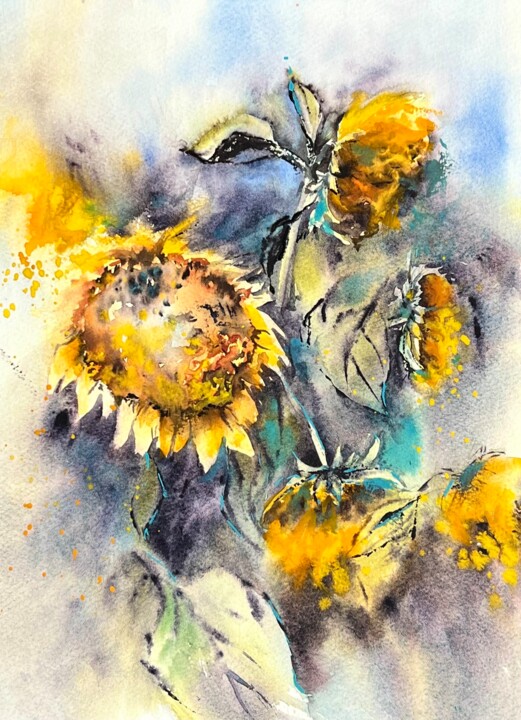 Painting titled "Sunflowers Watercol…" by Yana Ivannikova, Original Artwork, Watercolor