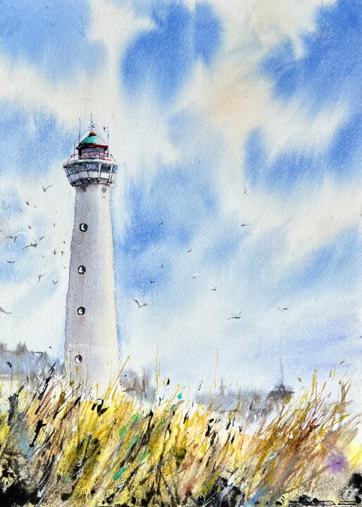 Painting titled "Lighthouse in Egmon…" by Yana Ivannikova, Original Artwork, Watercolor