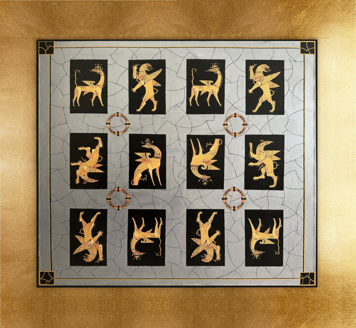 Painting titled "Golden Griffins" by Andrew Ryabov, Original Artwork, Oil Mounted on Wood Stretcher frame