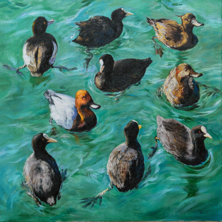 Original Oil Painting "Ducks on the Water", 60x60 cm Pittura, 23,6x23,6 in