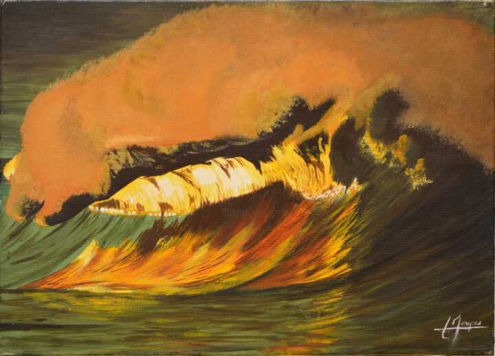 Painting titled "Vague de feu" by Jacques Maupas, Original Artwork, Oil Mounted on Wood Stretcher frame