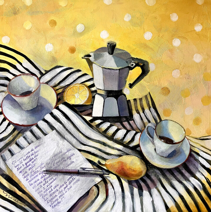 yellow still life with moka Pittura, 19,7x19,7 in