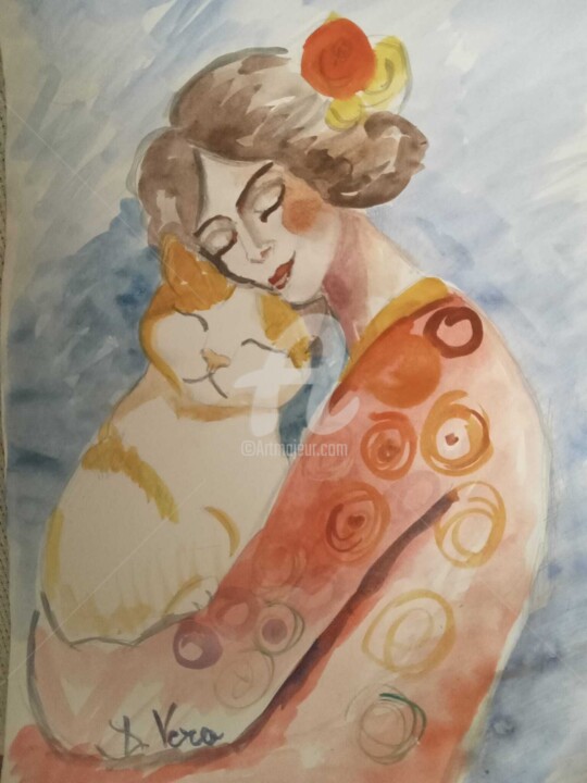 Pintura titulada "Cuddling with kitty" por Veronica Dinca, Obra de arte original, Acuarela