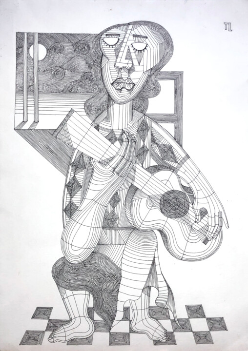 Dessin intitulée "Mulher e Viola (Can…" par José Roberto Teixeira Leite Junior, Œuvre d'art originale, Stylo gel