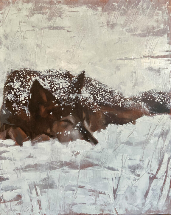 Painting titled "First snow." by Igor Shulman, Original Artwork, Oil Mounted on Wood Stretcher frame