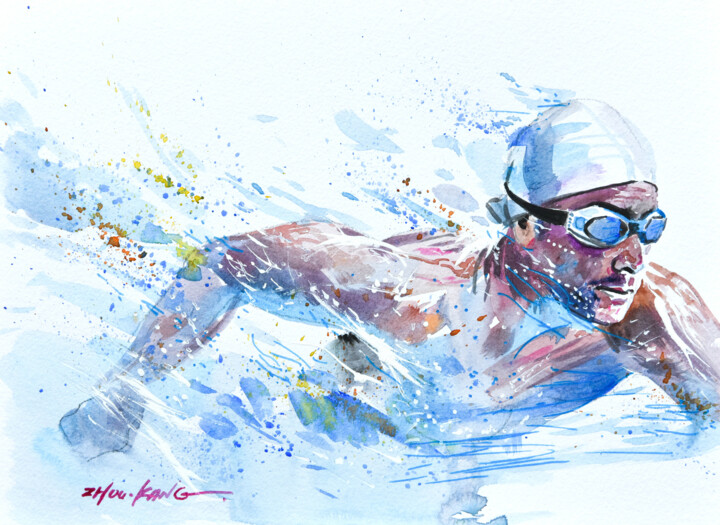 Swimmer in Action 绘画, 11x8.3 in