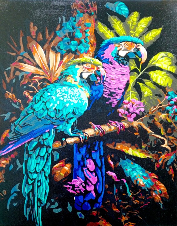 Peinture intitulée "Parrots" par Anatolii Rabkov, Œuvre d'art originale, Acrylique Monté sur Châssis en bois