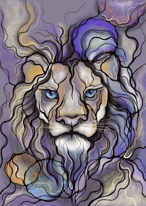Blue-Eyed Abstract Lion with Vibrant Geometric Accents 数字艺术
