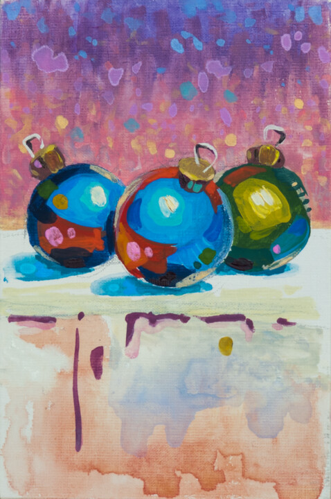 Three Christmas Balls 绘画, 5.9x3.9 in