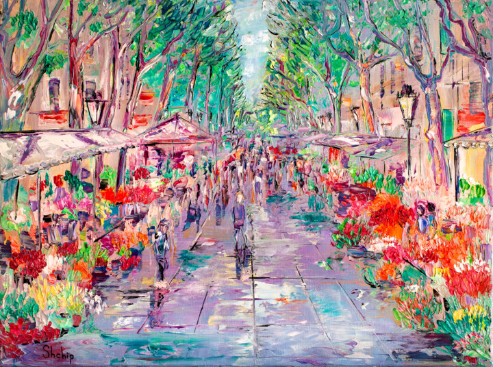 La Rambla, Barcelona. Flower Rows 绘画, 11.8x15.8 in