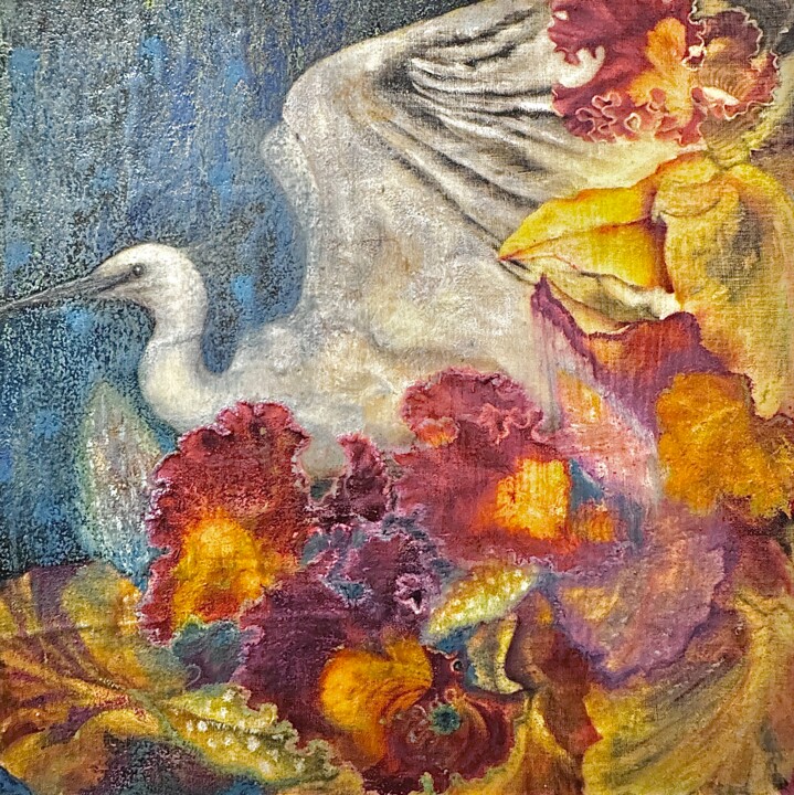 Crane bird and Red orchids Peinture, 20x20 in
