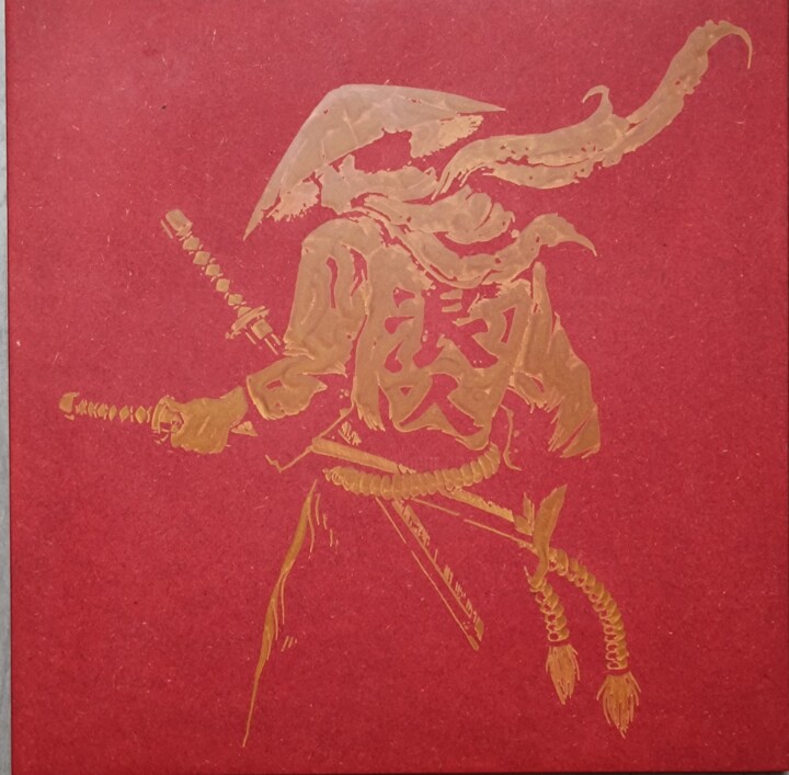 Prenten & gravures getiteld "gravure samourai" door Cedsweex, Origineel Kunstwerk, Hout Gemonteerd op Houten paneel
