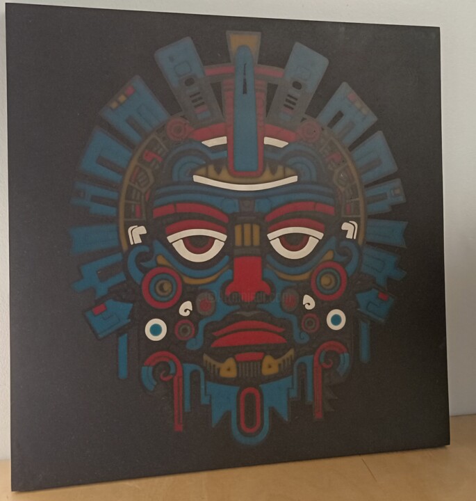 Prenten & gravures getiteld "gravure masque aztec" door Cedsweex, Origineel Kunstwerk, Gravure Gemonteerd op Houten paneel