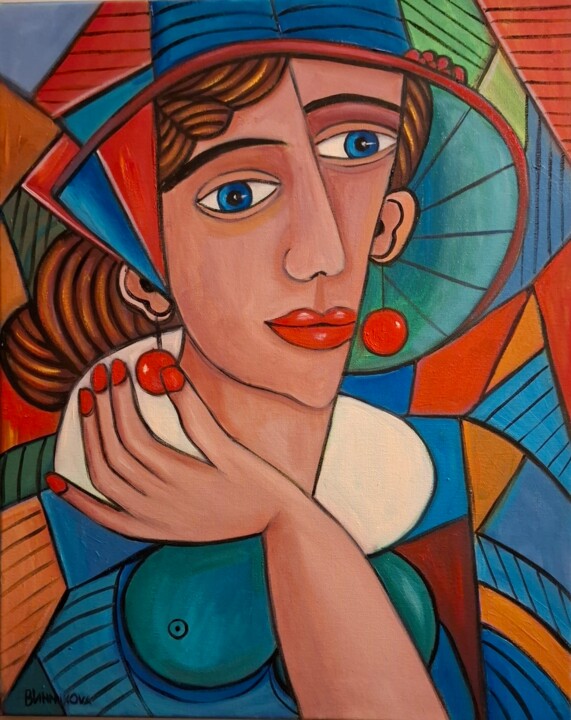 Mulher com brincos vermelhos e chapéu 绘画, 19.7x15.8 in