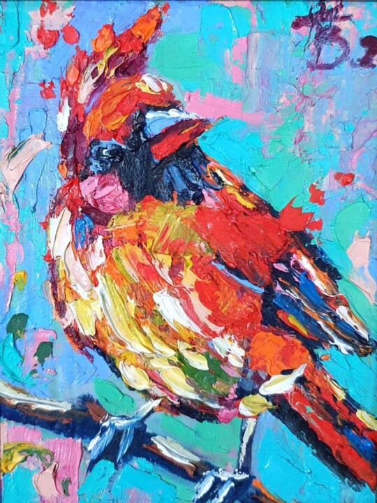 Vibrant Cardinal miniature 绘画, 4.7x3.7 in