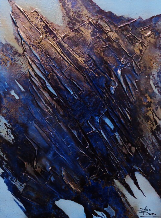 abstrait en bleu nuit et or 绘画, 15.8x11.8 in