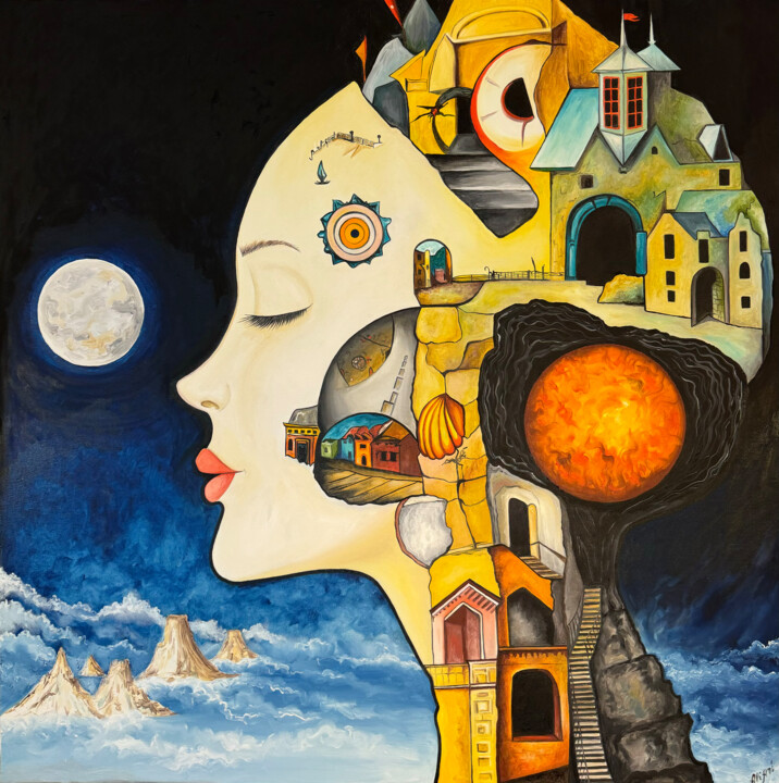 Painting titled ""Mosaic of Existenc…" by Aliari, Original Artwork, Oil Mounted on Wood Stretcher frame