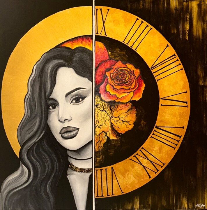 Painting titled ""Muse through time"" by Aliari, Original Artwork, Oil Mounted on Wood Stretcher frame