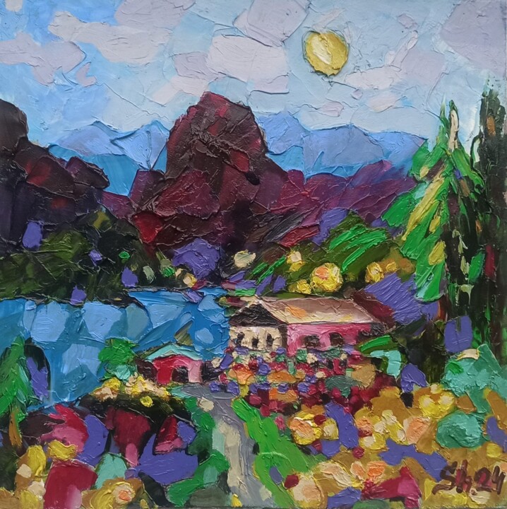 Switzerland Painting Mountain Landscape Alpine Village Art 绘画, 7.9x7.9 in