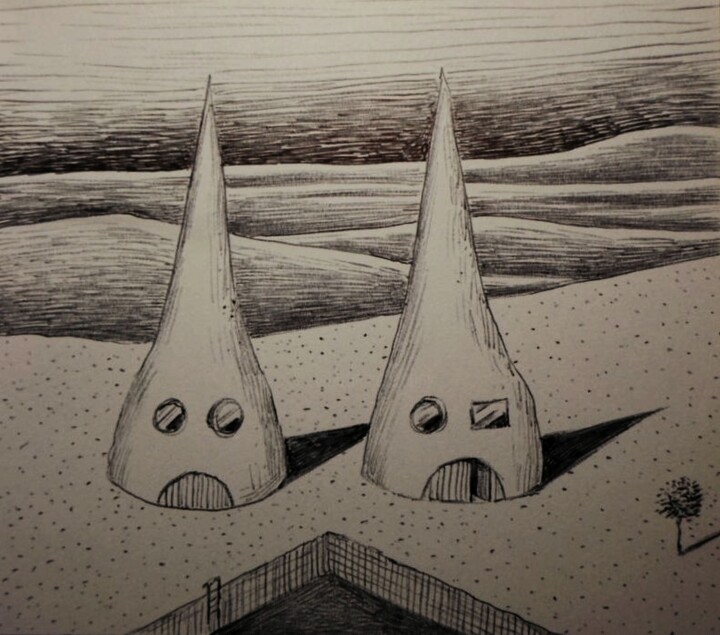 Abandoned white supremacists' cribs with pool Drawing, 5.9x5.9 in