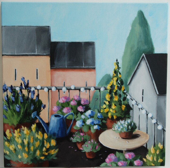 Terrace with flowers 绘画, 15.8x15.8 in
