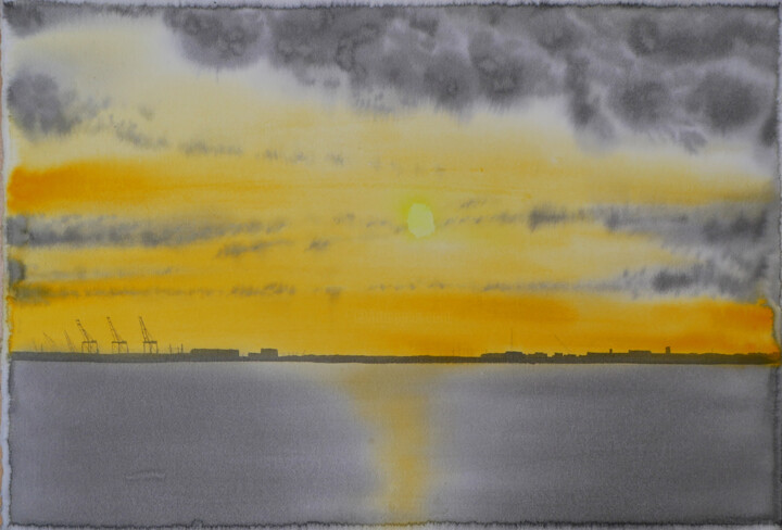 watercolor yellow sunset at Thames Gravesend UK Pittura, 15,8x23,6 in