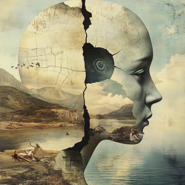 Digital Arts titled "HEAD" by Pointless Pixels, Original Artwork, AI generated image Mounted on Wood Stretcher frame