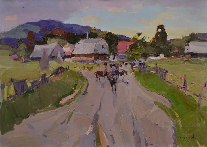 Peinture intitulée "Herd of Cows" par Alexander Shandor, Œuvre d'art originale, Huile Monté sur Châssis en bois