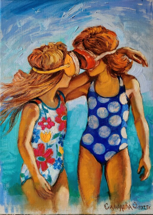 Original Oil Painting on Canvas - Summer Girls at the Beach Tablo, 15,8x11,8 in