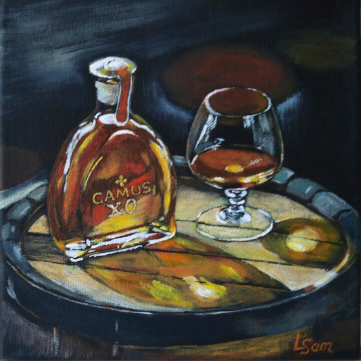 A man's still life with cognac 绘画, 7.9x7.9 in