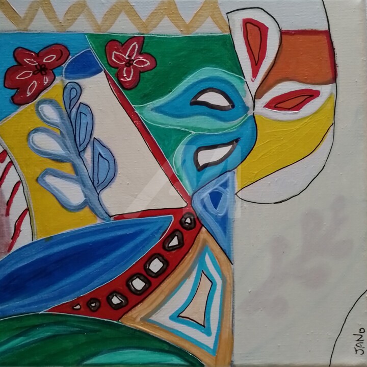Cubist Folk Art 绘画, 7.9x7.9 in